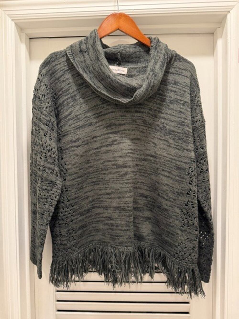 Carol Rose Woman’s L Gray Fringe Cowl Neck Sweater Boho Crochet Sleeve Knit